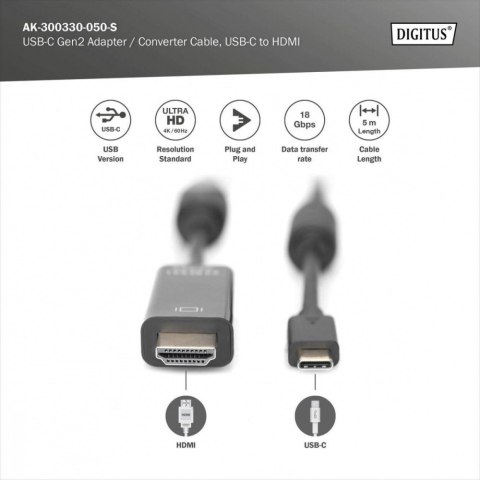 Kabel USB Type-C/HDMI M/M USB 3.1 Gen.2 SuperSpeed+ 4K/60Hz 18Gbps 5m czarny Kabel USB Type-C/HDMI M/M USB 3.1 Gen.2 SuperSpeed+ 4K/60Hz 18Gbps 5m czarny