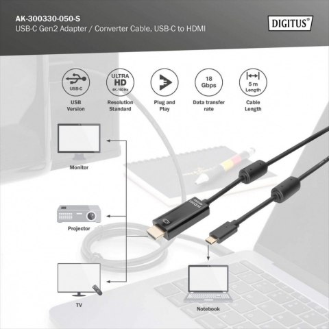 Kabel USB Type-C/HDMI M/M USB 3.1 Gen.2 SuperSpeed+ 4K/60Hz 18Gbps 5m czarny Kabel USB Type-C/HDMI M/M USB 3.1 Gen.2 SuperSpeed+ 4K/60Hz 18Gbps 5m czarny