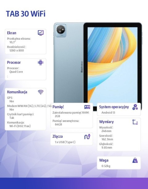 Tablet TAB 30 WiFi 10.1 cala 2/64GB 5100 mAh Niebieski Tablet TAB 30 WiFi 10.1 cala 2/64GB 5100 mAh Niebieski