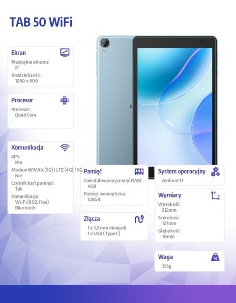 Tablet TAB 50 WiFi 8 cali 4/128GB 5580 mAh Niebieski Tablet TAB 50 WiFi 8 cali 4/128GB 5580 mAh Niebieski