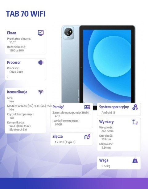 Tablet TAB 70 WiFi 10.1 cala 4/64GB 6580 mAh Niebieski Tablet TAB 70 WiFi 10.1 cala 4/64GB 6580 mAh Niebieski