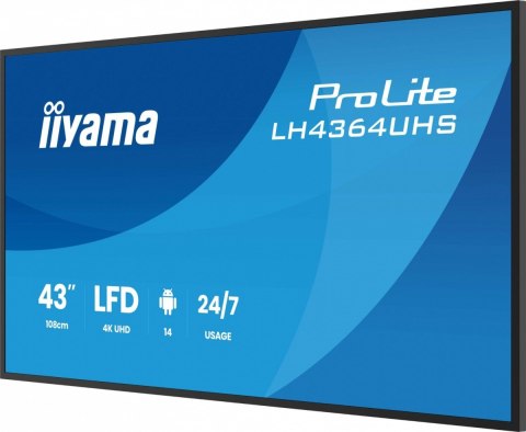 Monitor 43 cale LH4364UHS-B1AG 24/7,VA,ANDROID14,4K,500cd,4000:1,2xHDMI,USB-C,RJ45, RS-232c, IR, 2x10W, 2xUSB, UCHWYT ŚCIENNY Monitor 43 cale LH4364UHS-B1AG 24/7,VA,ANDROID14,4K,500cd,4000:1,2xHDMI,USB-C,RJ45, RS-232c, IR, 2x10W, 2xUSB, UCHWYT ŚCIENNY