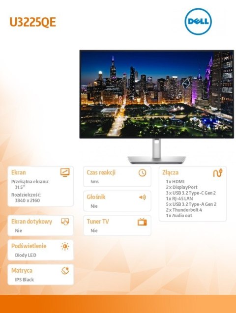 Monitor U3225QE 31,5 cala IPS Black LED 4K(3840x2160)/16:9/Thunderbolt/HDMI/DP/USB-C/USB/RJ-45/3Y Monitor U3225QE 31,5 cala IPS Black LED 4K(3840x2160)/16:9/Thunderbolt/HDMI/DP/USB-C/USB/RJ-45/3Y