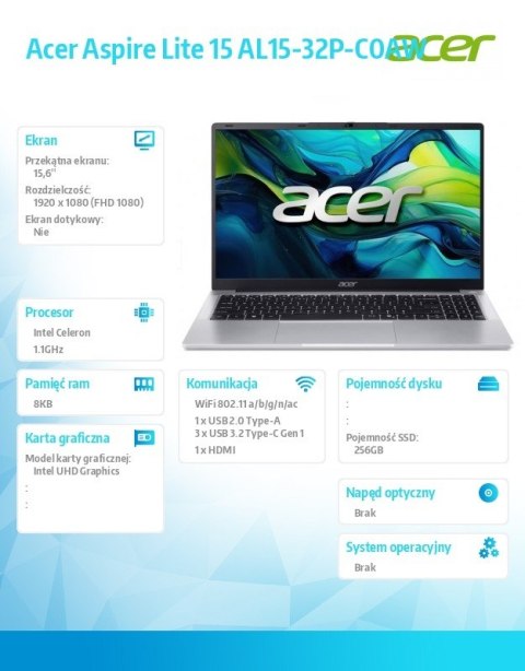 Laptop Lite 15 AL15-32P-C0AW Celeron N4500, 15.6 FHD IPS, 8GB, 256GB SSD, No OS, Pure Silver Laptop Lite 15 AL15-32P-C0AW Celeron N4500, 15.6 FHD IPS, 8GB, 256GB SSD, No OS, Pure Silver