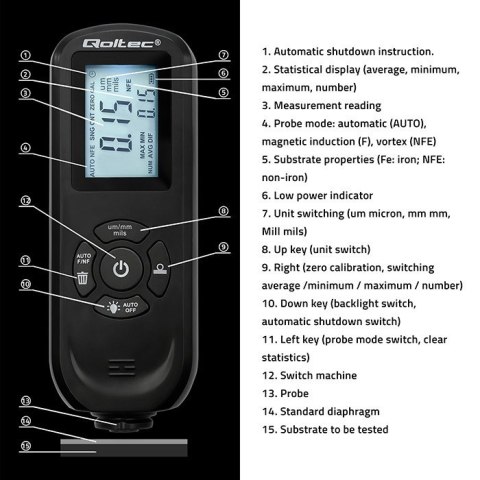 Miernik grubości lakieru z podświetlanym bocznym wyświetlaczem LCD | 0 ~ 2000um Miernik grubości lakieru z podświetlanym bocznym wyświetlaczem LCD | 0 ~ 2000um