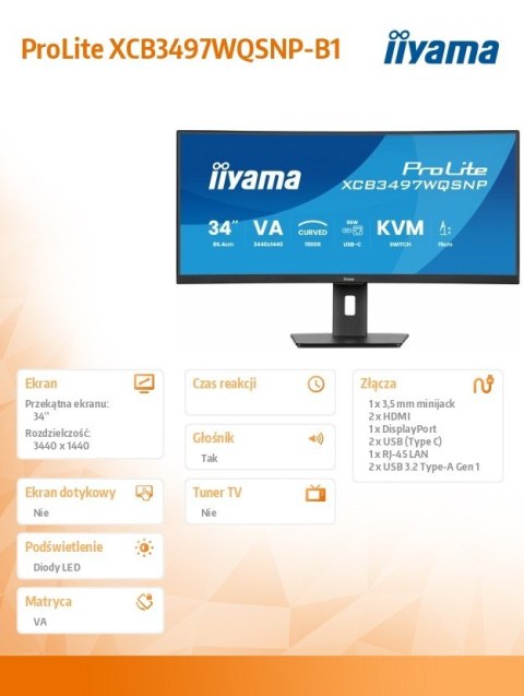 Monitor 34 cali XCB3497WQSNP-B1 VA,UWQHD,1500R,USB-cDock,KVM,95W, 2xHDMI, 1xDP, RJ45,2x5W,21:9 /5y/ Monitor 34 cali XCB3497WQSNP-B1 VA,UWQHD,1500R,USB-cDock,KVM,95W, 2xHDMI, 1xDP, RJ45,2x5W,21:9 /5y/