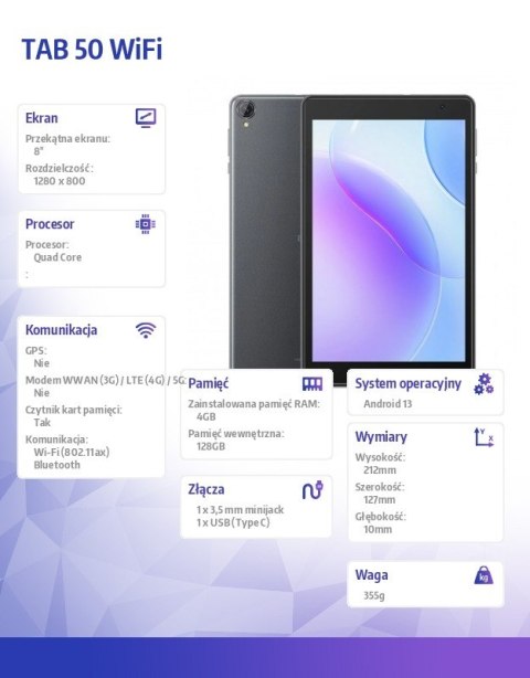 Tablet TAB 50 WiFi 4/128GB 5580 mAh 8 cali szary Tablet TAB 50 WiFi 4/128GB 5580 mAh 8 cali szary