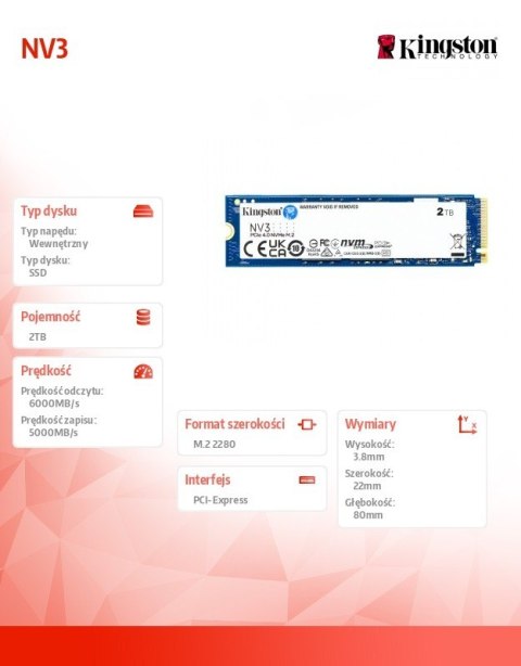 Dysk SSD NV3 2TB M.2 2280 PCI-e 4.0 NVMe 6000/5000 Dysk SSD NV3 2TB M.2 2280 PCI-e 4.0 NVMe 6000/5000