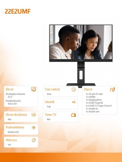 Monitor 22E2UMF 21.5 cala VA HDMI DP Pivot Głośniki Monitor 22E2UMF 21.5 cala VA HDMI DP Pivot Głośniki