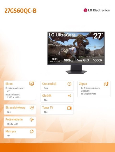Monitor 27GS60QC-B 27 cali QHD UltraGear Monitor 27GS60QC-B 27 cali QHD UltraGear