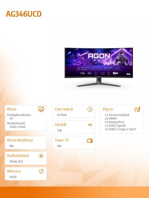 Monitor AG346UCD 34 cale 175Hz Curved QD-OLED HDMIx2 DP HAS Głośniki Monitor AG346UCD 34 cale 175Hz Curved QD-OLED HDMIx2 DP HAS Głośniki