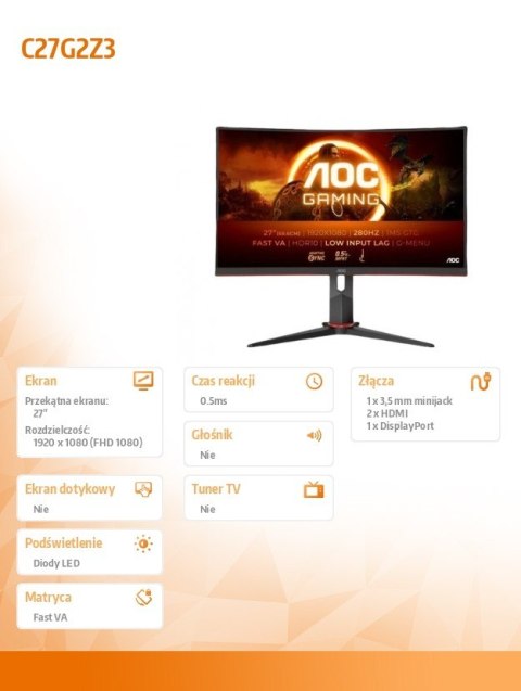 Monitor C27G2Z3 27 cali Zakrzywiony Fast VA 280Hz HDMIx2 DP HAS Monitor C27G2Z3 27 cali Zakrzywiony Fast VA 280Hz HDMIx2 DP HAS
