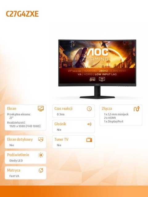 Monitor C27G4ZXE 27 cali Zakrzywiony Fast VA 280Hz HDMIx2 DP Monitor C27G4ZXE 27 cali Zakrzywiony Fast VA 280Hz HDMIx2 DP