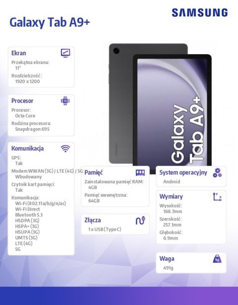 Tablet Galaxy Tab A9+ 11. cali 5G 4/64 GB Szary Tablet Galaxy Tab A9+ 11. cali 5G 4/64 GB Szary