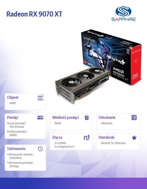 Karta graficzna Radeon RX 9070 XT NITRO+ GAMING OC 16GB GDDR6 256bit 2DP/2HDMI Karta graficzna Radeon RX 9070 XT NITRO+ GAMING OC 16GB GDDR6 256bit 2DP/2HDMI