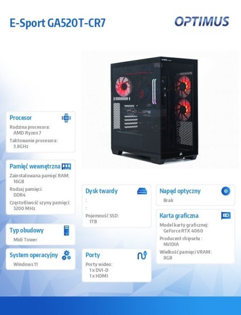 Komputer E-Sport GA550T-CR4 Ryzen 7 5800X/16GB/1TB/RTX 4060 EAGLE OC 8G/W Komputer E-Sport GA550T-CR4 Ryzen 7 5800X/16GB/1TB/RTX 4060 EAGLE OC 8G/W