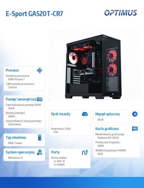 Komputer E-Sport GA550T-CR5 Ryzen 7 5800X/16GB/1TB/RX 7600 GAMING OC 8G/W Komputer E-Sport GA550T-CR5 Ryzen 7 5800X/16GB/1TB/RX 7600 GAMING OC 8G/W