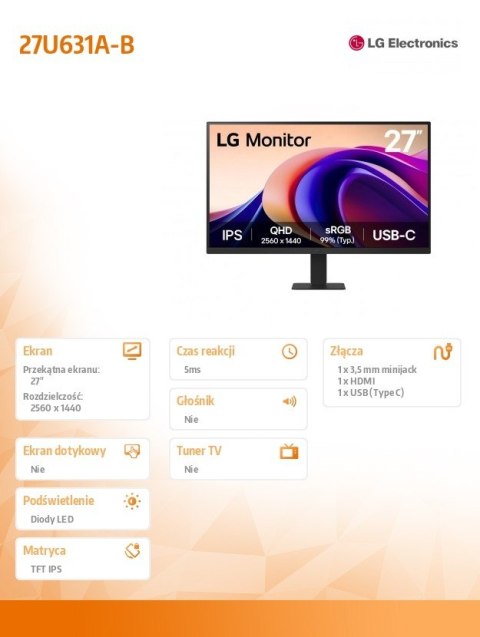 Monitor 27U631A-B QHD 100Hz IPS HDR10 27 cali Monitor 27U631A-B QHD 100Hz IPS HDR10 27 cali