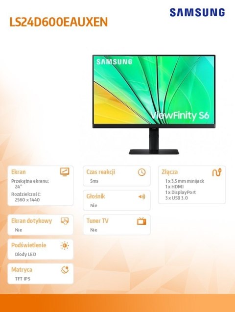Monitor 24 cale ViewFinity S60D IPS 2560x1440 WQHD 16:9 1xHDMI 1xDP 3xUSB 3.0 5ms PinP/PbyP 100Hz HAS+PIV płaski 3YOn-Site Monitor 24 cale ViewFinity S60D IPS 2560x1440 WQHD 16:9 1xHDMI 1xDP 3xUSB 3.0 5ms PinP/PbyP 100Hz HAS+PIV płaski 3YOn-Site