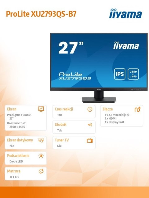 Monitor 27 cali XU2793QS-B7 IPS,QHD,100Hz,HDMI,DP Monitor 27 cali XU2793QS-B7 IPS,QHD,100Hz,HDMI,DP