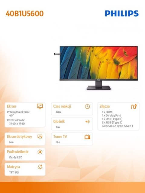 Monitor 40 cali 40B1U5600 IPS HDMI DP USB-C HAS Głośniki Monitor 40 cali 40B1U5600 IPS HDMI DP USB-C HAS Głośniki