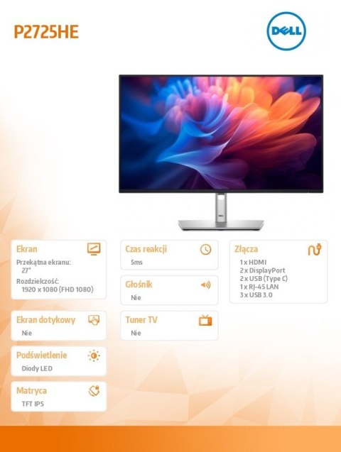 Monitor 27 cali P2725HE IPS LED Full HD(1920x1080)/16:9/HDMI/DP/USB-C/USB/RJ45/3Y Monitor 27 cali P2725HE IPS LED Full HD(1920x1080)/16:9/HDMI/DP/USB-C/USB/RJ45/3Y