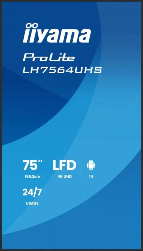 Monitor 75 cali LH7564UHS-B1AG, 24/7,VA,ANDROID14,4K,500cd,5000:1, 2xHDMI ,USB-C,RJ45, RS-232c, IR, 2x10W, 2xUSB, UCHWYT ŚCIE Monitor 75 cali LH7564UHS-B1AG, 24/7,VA,ANDROID14,4K,500cd,5000:1, 2xHDMI ,USB-C,RJ45, RS-232c, IR, 2x10W, 2xUSB, UCHWYT ŚCIE