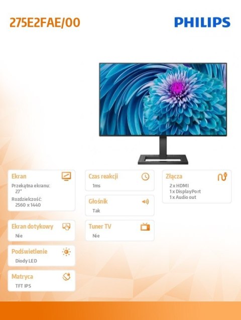 Monitor 275E2FAE 27 cali IPS HDMIx2 DP Głośniki HAS Monitor 275E2FAE 27 cali IPS HDMIx2 DP Głośniki HAS