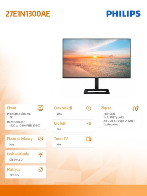Monitor 27E1N1300AE 27 cali IPS 100Hz HDMI USB-C HAS Głośniki Monitor 27E1N1300AE 27 cali IPS 100Hz HDMI USB-C HAS Głośniki