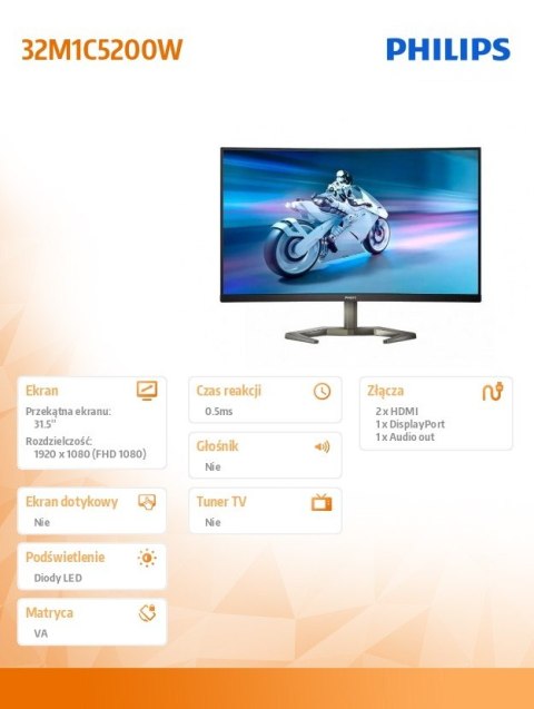 Monitor 32M1C5200W VA Curved 31.5 cala 240Hz HDMIx2 DP HAS Monitor 32M1C5200W VA Curved 31.5 cala 240Hz HDMIx2 DP HAS