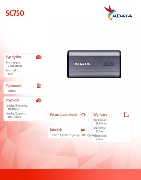 Dysk zewnętrzny SSD SC750 500G USB3.2C 1050/1000 MB/s Dysk zewnętrzny SSD SC750 500G USB3.2C 1050/1000 MB/s