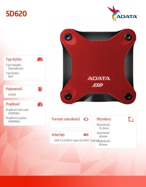 Dysk zewnętrzny SSD SD620 512G U3.2A 520/460 MB/s czerwony Dysk zewnętrzny SSD SD620 512G U3.2A 520/460 MB/s czerwony