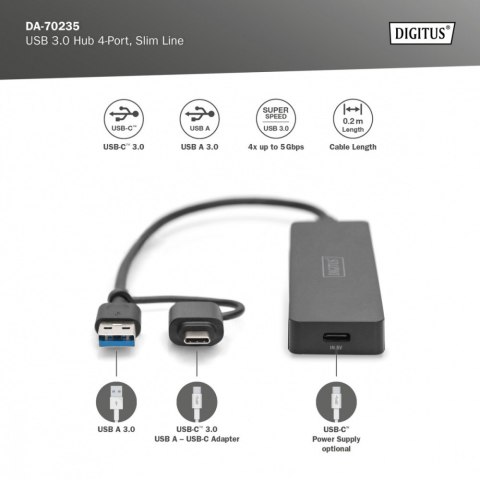 Hub USB 3.0/Koncentrator 4-portowy SlimLine USB A + adapter USB-C 5Gbps, złącze zasilania USB-C Hub USB 3.0/Koncentrator 4-portowy SlimLine USB A + adapter USB-C 5Gbps, złącze zasilania USB-C