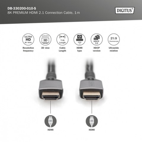 Kabel Premium połączeniowy HDMI 2.1 Ultra HighSpeed 8K60Hz UHD Typ HDMI A/A M/M 1m Czarny