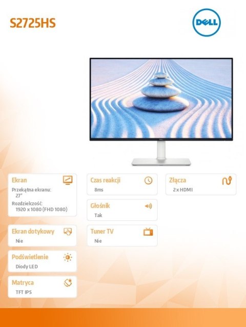 Monitor 27 cali S2725HS IPS LED 100Hz Full HD (1920x1080) /16:9/2xHDMI/Speakers/fully adjustable stand/3Y Monitor 27 cali S2725HS IPS LED 100Hz Full HD (1920x1080) /16:9/2xHDMI/Speakers/fully adjustable stand/3Y
