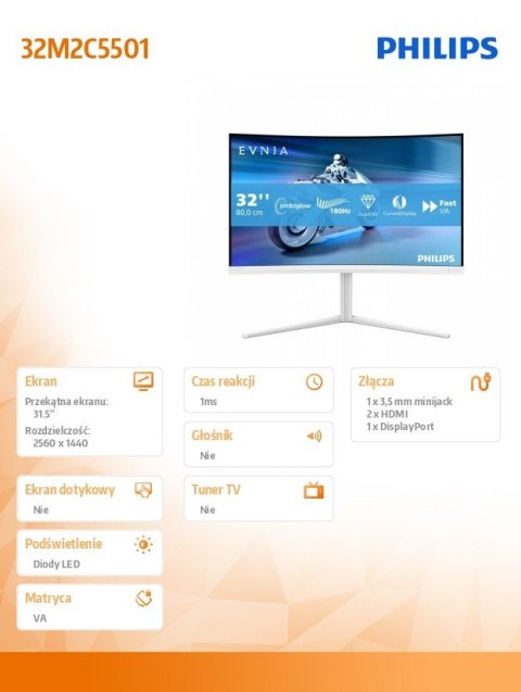 Monitor 31.5 cala 32M2C5501 Curved VA 180Hz HDMIx2 DP HAS Ambiglow Monitor 31.5 cala 32M2C5501 Curved VA 180Hz HDMIx2 DP HAS Ambiglow