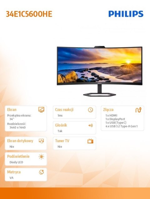 Monitor 34 cale 34E1C5600HE VA HDMI DP USB-C HAS Kamera Głośniki Monitor 34 cale 34E1C5600HE VA HDMI DP USB-C HAS Kamera Głośniki