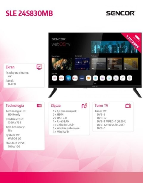 Telewizor 24 cale Smart webOS LG 12/240V SLE 24S830WB Wi-Fi BT Telewizor 24 cale Smart webOS LG 12/240V SLE 24S830WB Wi-Fi BT