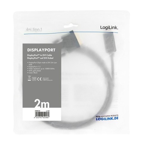Kabel DisplayPort 1.2 do DVI 2m Czarny Kabel DisplayPort 1.2 do DVI 2m Czarny