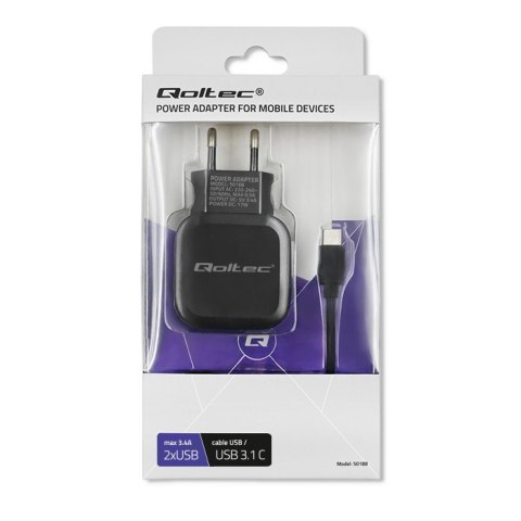 Ładowarka sieciowa 17W | 5V | 3.4A | 2xUSB + kabel USB typC Ładowarka sieciowa 17W | 5V | 3.4A | 2xUSB + kabel USB typC