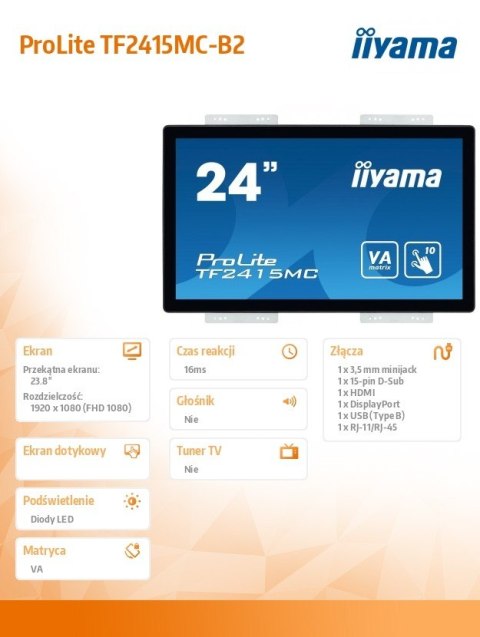 Monitor 24 TF2415MC-B2 pojemnościowy 10PKT, pianka, HDMI, DP Monitor 24 TF2415MC-B2 pojemnościowy 10PKT, pianka, HDMI, DP