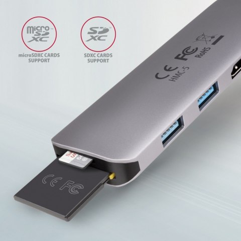 HMC-5 Wieloportowy hub USB 5in1, 5Gbps, 2x USB-A, HDMI 4K/30Hz, SD/microSD, PD 100W, 20cm USB-C kabel HMC-5 Wieloportowy hub USB 5in1, 5Gbps, 2x USB-A, HDMI 4K/30Hz, SD/microSD, PD 100W, 20cm USB-C kabel