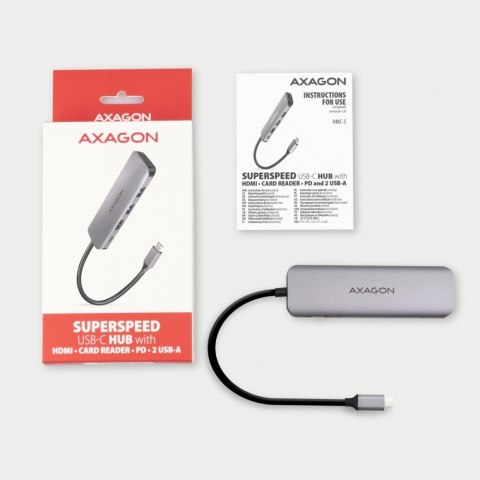 HMC-5 Wieloportowy hub USB 5in1, 5Gbps, 2x USB-A, HDMI 4K/30Hz, SD/microSD, PD 100W, 20cm USB-C kabel HMC-5 Wieloportowy hub USB 5in1, 5Gbps, 2x USB-A, HDMI 4K/30Hz, SD/microSD, PD 100W, 20cm USB-C kabel