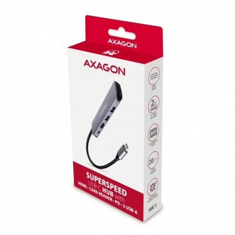HMC-5 Wieloportowy hub USB 5in1, 5Gbps, 2x USB-A, HDMI 4K/30Hz, SD/microSD, PD 100W, 20cm USB-C kabel HMC-5 Wieloportowy hub USB 5in1, 5Gbps, 2x USB-A, HDMI 4K/30Hz, SD/microSD, PD 100W, 20cm USB-C kabel
