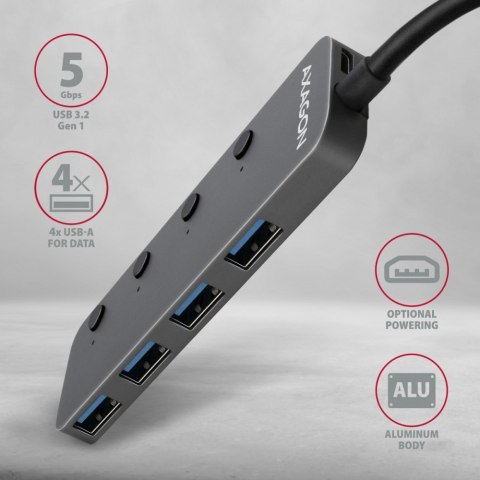 HUE-MSA Hub 4-portowy USB 3.2 Gen 1 switch, metalowy, 20cm USB-A kabel, microUSB dodatkowe zasilanie HUE-MSA Hub 4-portowy USB 3.2 Gen 1 switch, metalowy, 20cm USB-A kabel, microUSB dodatkowe zasilanie
