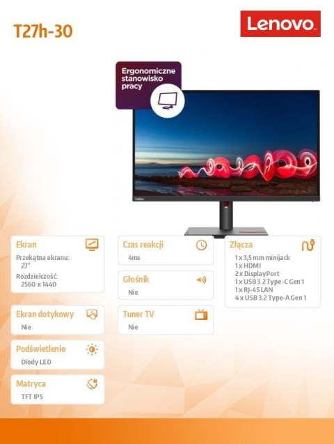 Monitor 27 cali ThinkVision T27h-30 63A3GAT1EU Monitor 27 cali ThinkVision T27h-30 63A3GAT1EU