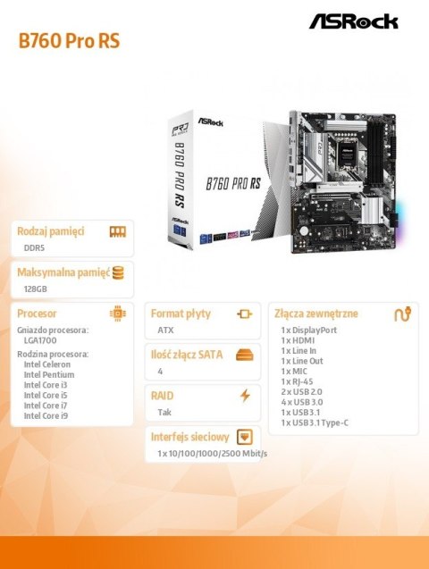 Płyta główna B760 Pro RS s1700 4DDR5 DP/HDMI/eDP M.2 ATX Płyta główna B760 Pro RS s1700 4DDR5 DP/HDMI/eDP M.2 ATX