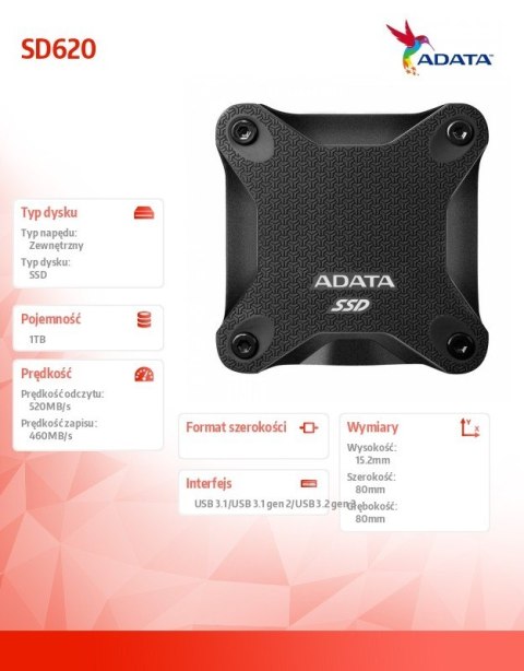 Dysk zewnętrzny SSD SD620 1TB U3.2A 520/460 MB/s czarny Dysk zewnętrzny SSD SD620 1TB U3.2A 520/460 MB/s czarny