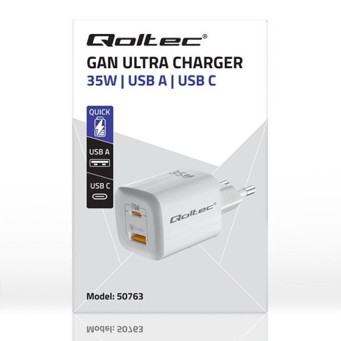 Ładowarka sieciowa 35W GaN ULTRA | 5-20V | 2.25-3A | 1 x USB typ C PD | 1 x USB | Biała Ładowarka sieciowa 35W GaN ULTRA | 5-20V | 2.25-3A | 1 x USB typ C PD | 1 x USB | Biała