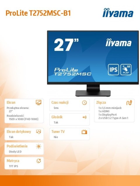 Monitor 27 cali T2752MSC-B1 10 PKT. POJ,IPS,HDMI,DP,2x2USB(3.2),2x1W400cd/m2,7H, Monitor 27 cali T2752MSC-B1 10 PKT. POJ,IPS,HDMI,DP,2x2USB(3.2),2x1W400cd/m2,7H,